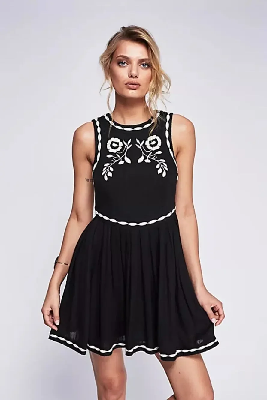 Free People Birds of a Feather Black Floral Embroidered Fit & Flare Mini Dress 4